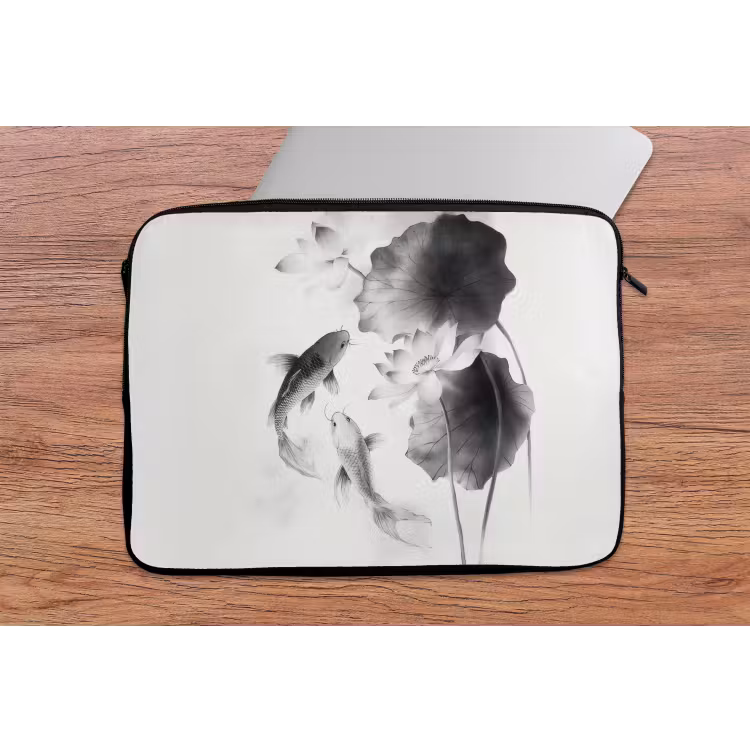 Lotusbloemen - Vissen - Bladeren - Zwart laptophoes neopreen klein -tafel
