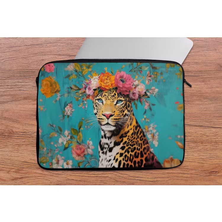 Luipaard - Bloemen - Kroon laptophoes neopreen klein -tafel