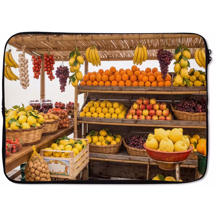 Laptophoes Marktkraam - Fruit - Vers - Marktkraam - Fruit - Vers laptophoes neopreen klein