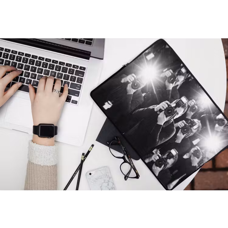 Mensen - Camera - Flitslicht - Zwart-wit - Media laptophoes neopreen klein -bureau