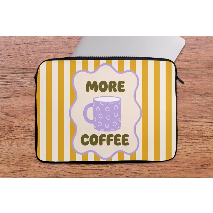 More coffee - Geel - Paars - Strepen - Mok laptophoes neopreen klein -tafel