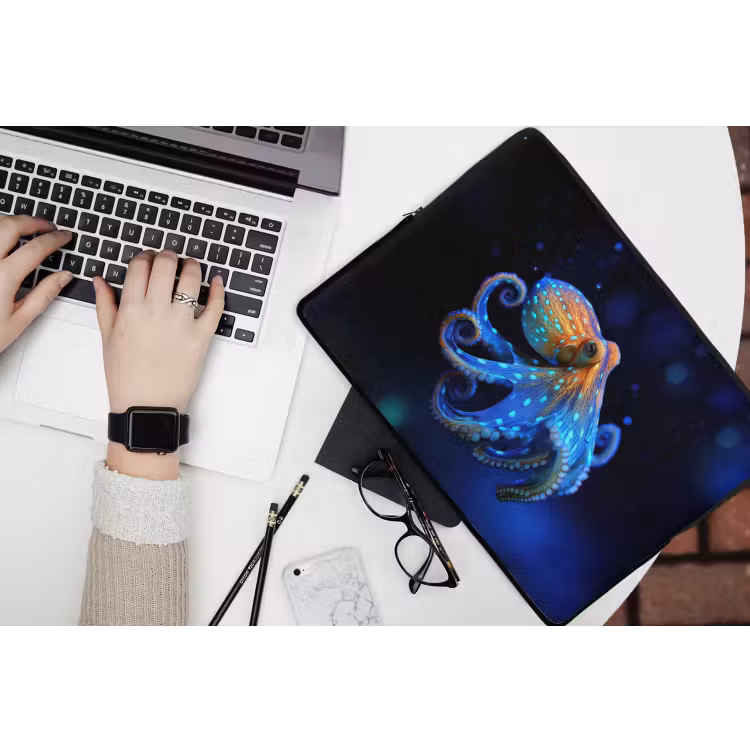 Octopus - Stippen - Blauw - Zee laptophoes neopreen klein -bureau