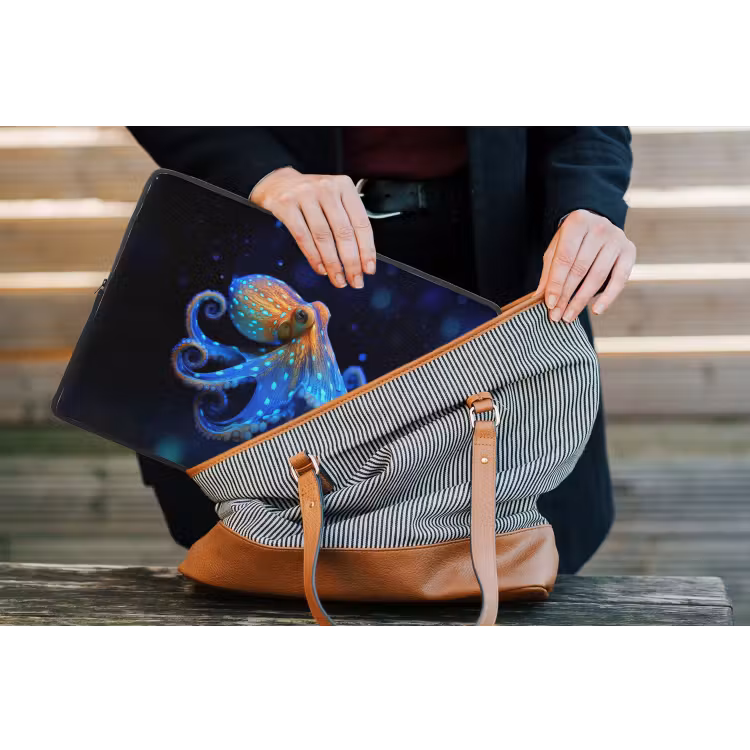 Octopus - Stippen - Blauw - Zee laptophoes neopreen klein -tas