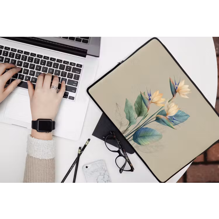 Paradijsvogelbloemen - Blauwgroene bladeren - Beige laptophoes neopreen klein -bureau
