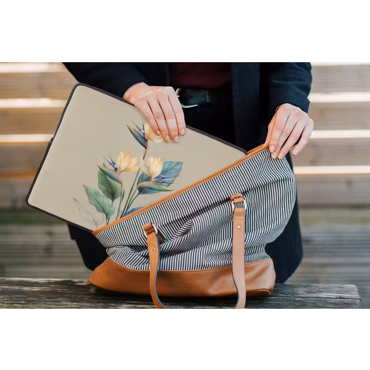 Paradijsvogelbloemen - Blauwgroene bladeren - Beige laptophoes neopreen klein -tas