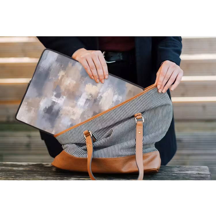 Penseelstreken - Schilderij - Beige laptophoes neopreen klein -tas