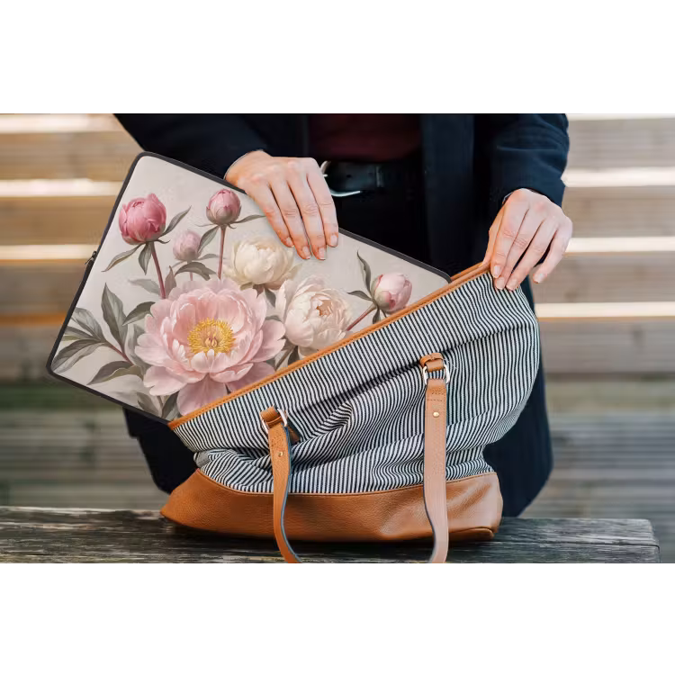 Pioenrozen - Boeket - Roze laptophoes neopreen klein -tas