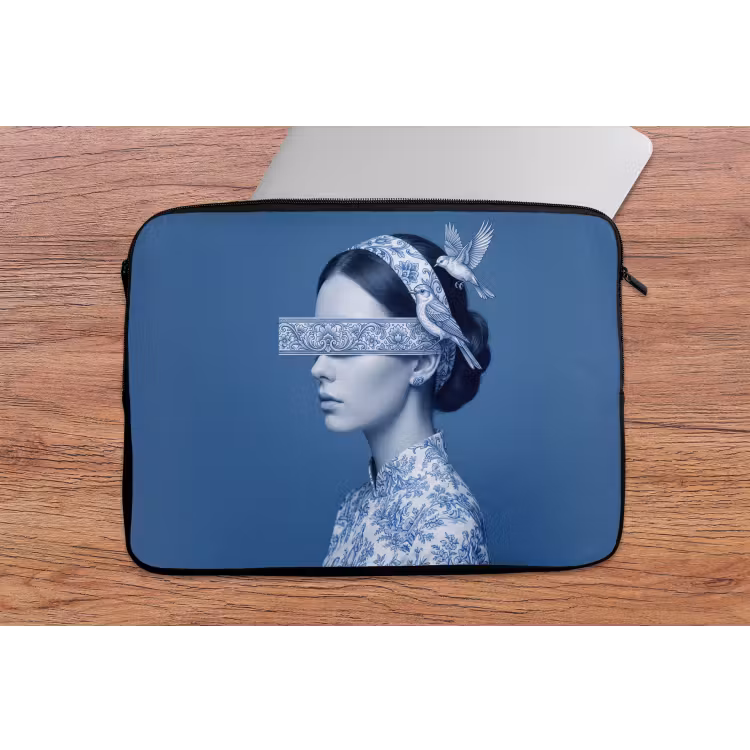 Portret - Klassiek - Wit - Blauw laptophoes neopreen klein -tafel