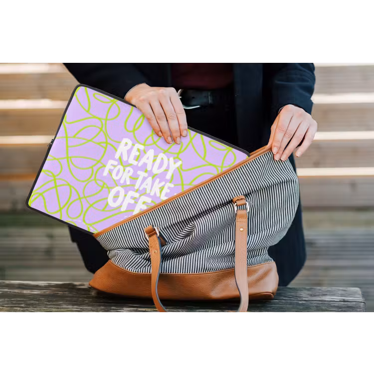Ready for take off - Vliegtuig - Groen - Paars - Golvende lijnen laptophoes neopreen klein -tas