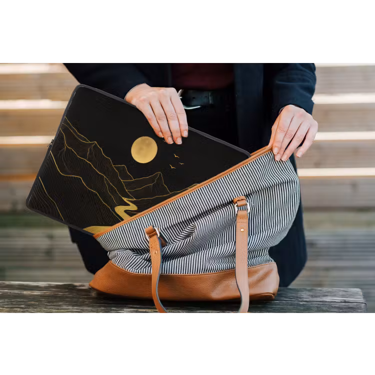 Rivier - Goud - Maan - Vogels laptophoes neopreen klein -tas