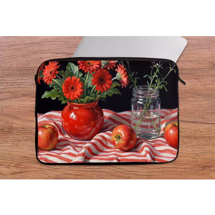 Laptophoes Rode bloemen - Vaas - Rode bloemen - Vaas laptophoes neopreen klein