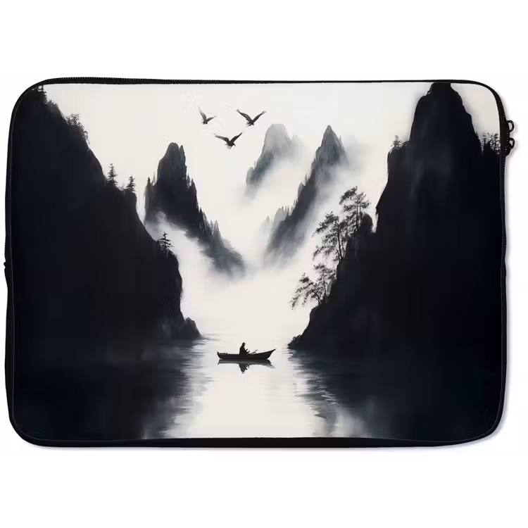 Roeiboot - Mistig - Bergen - Vogels laptophoes neopreen klein -zkaufland3dotto
