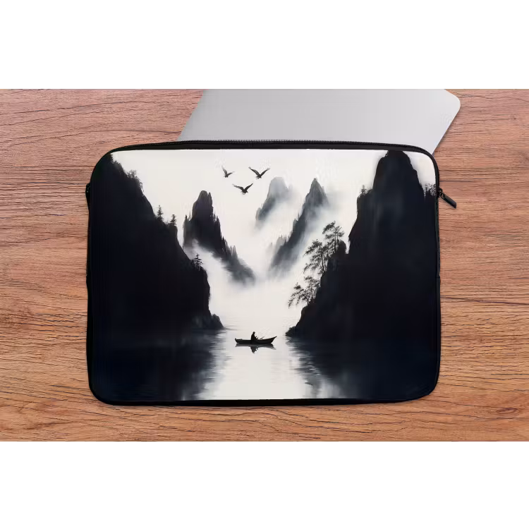 Roeiboot - Mistig - Bergen - Vogels laptophoes neopreen klein -tafel