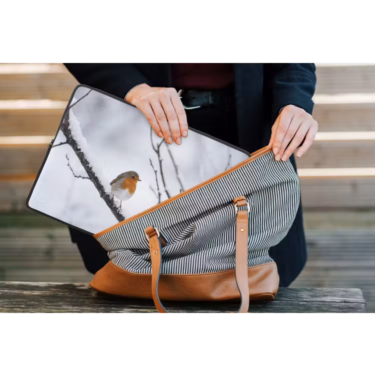 Roodborstje - Tak - Sneeuw - Winter - Levendig laptophoes neopreen klein -tas