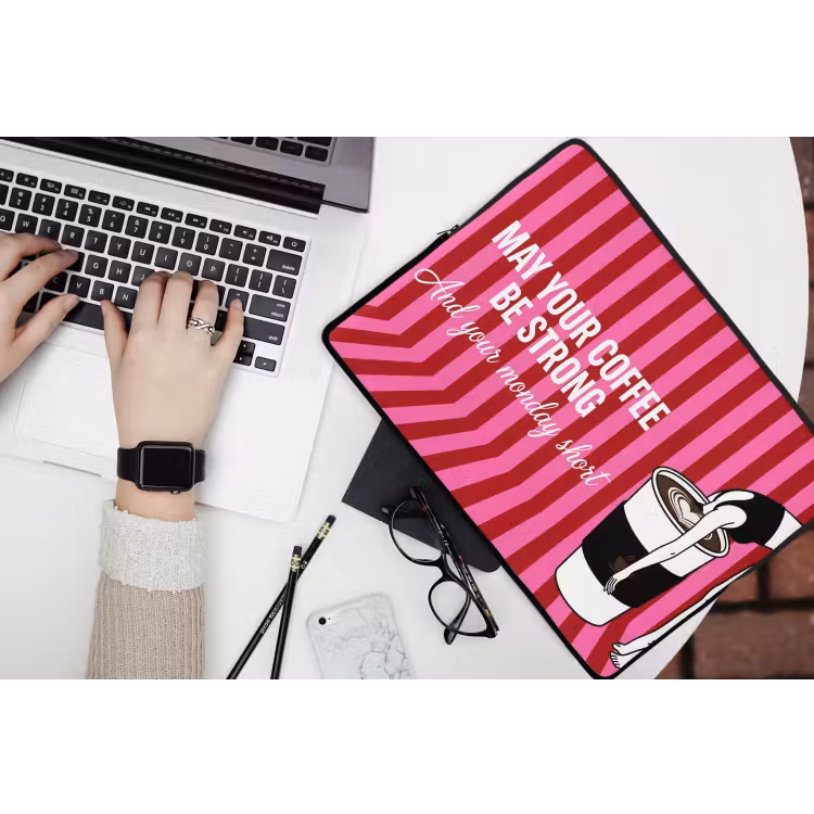 Roze - Strepen - Koffie - Maandag laptophoes neopreen klein -bureau