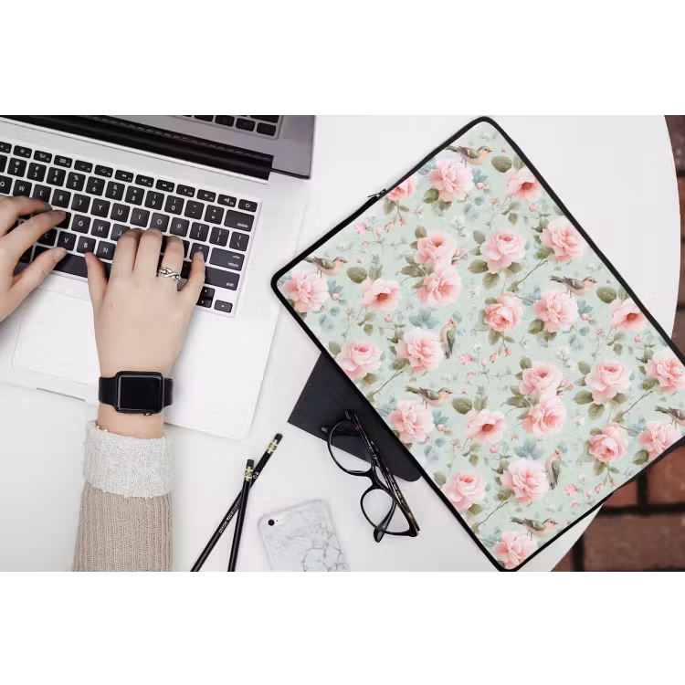 Rozen - Vogels - Pastel - Kleurrijk laptophoes neopreen klein 279 -bureau