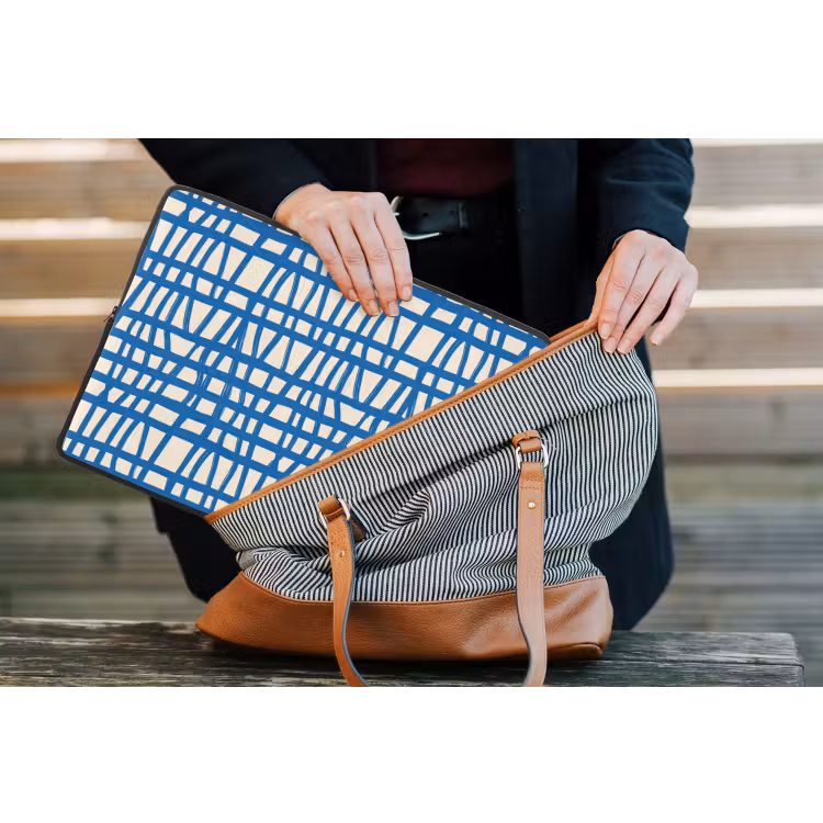 Ruitpatroon - Blauw - Crème laptophoes neopreen klein 279 -tas