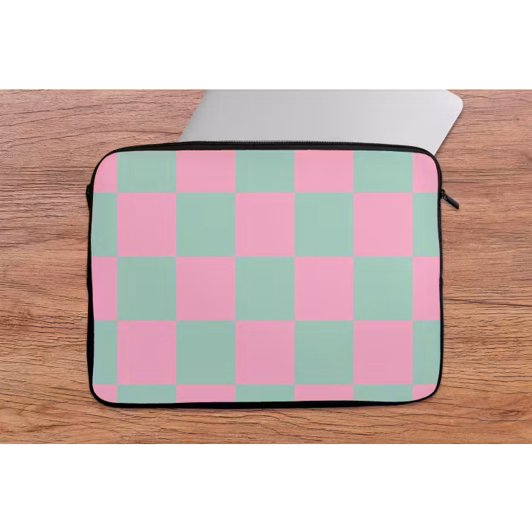 Schaakbord patroon - Groen - Roze - Blokjes laptophoes neopreen klein -tafel