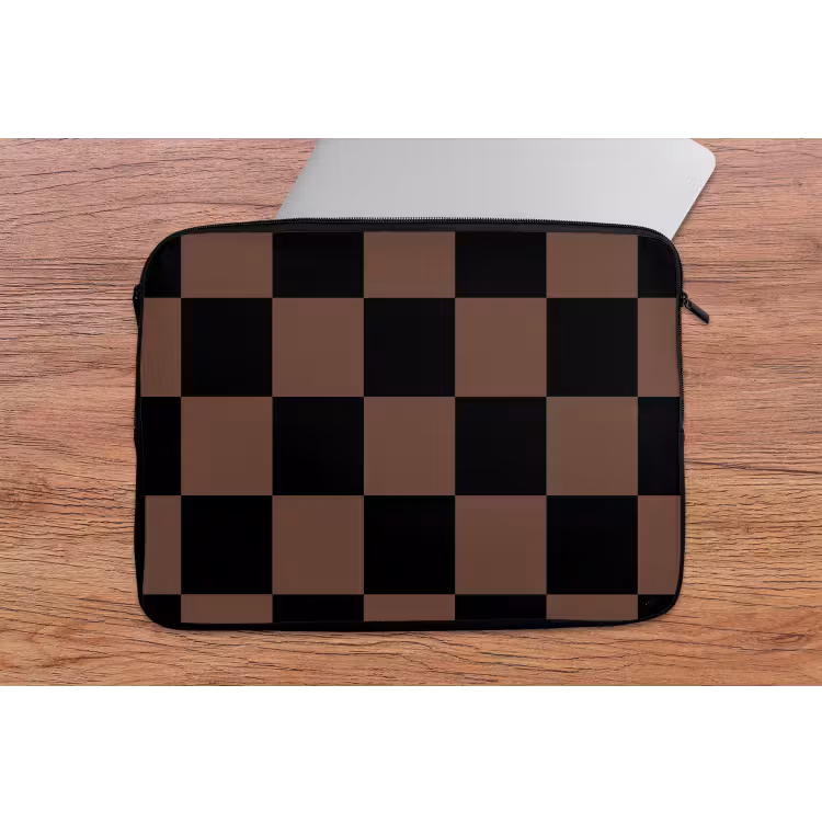 Schaakbord print - Bruin - Zwart - Blokjes laptophoes neopreen klein -tafel