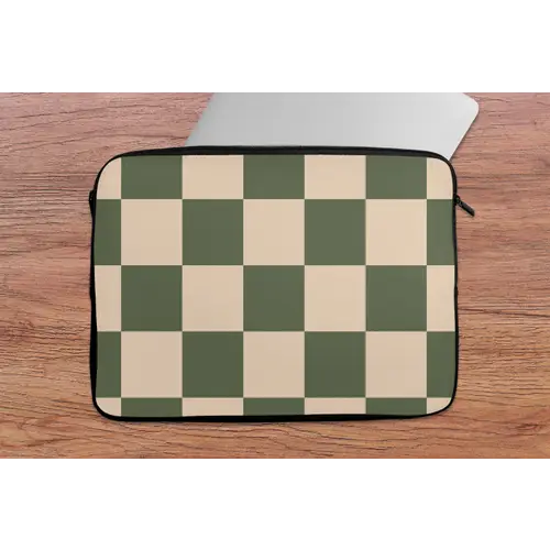Schaakbord print - Groen - Beige - Blokjes laptophoes neopreen klein -tafel