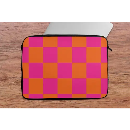 Schaakbord print - Oranje - Roze - Blokjes laptophoes neopreen klein -tafel