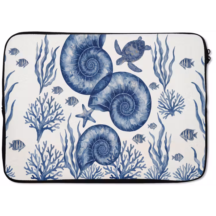 Schelp - Spiraal - Zeeleven - Aquarel - Blauw laptophoes neopreen klein -zkaufland3dotto