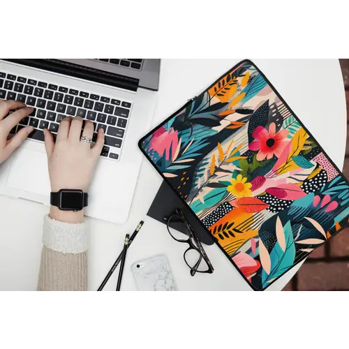 Schilderij - Abstract - Bloemen - Roze laptophoes neopreen klein -bureau