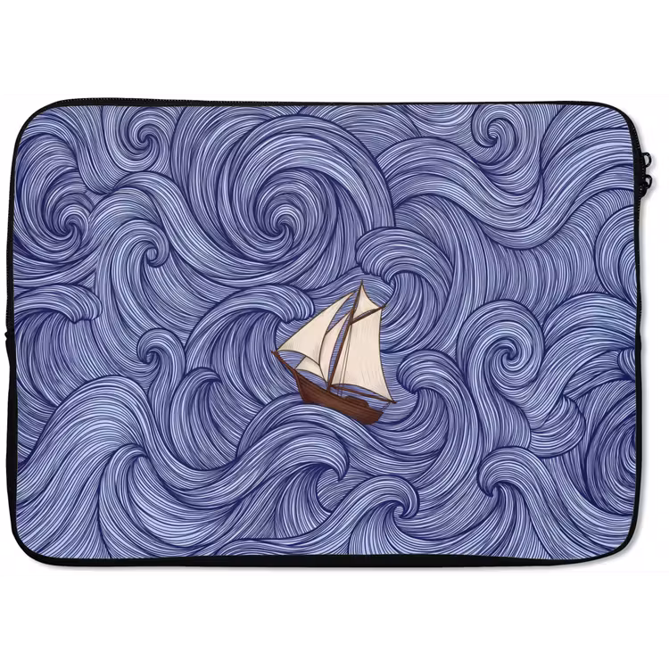 Schip - Golven - Zee - Illustratie - Blauw laptophoes neopreen klein -zkaufland3dotto