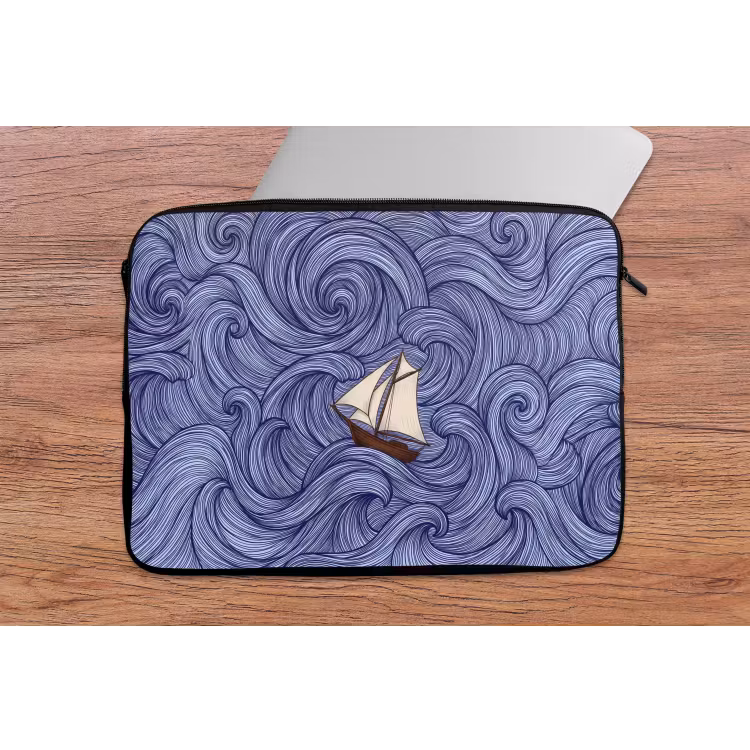 Schip - Golven - Zee - Illustratie - Blauw laptophoes neopreen klein -tafel