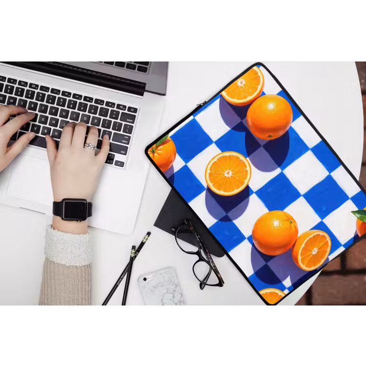 Laptophoes Sinaasappel - Geruit - Eten - Sinaasappel - Geruit - Eten laptophoes neopreen klein
