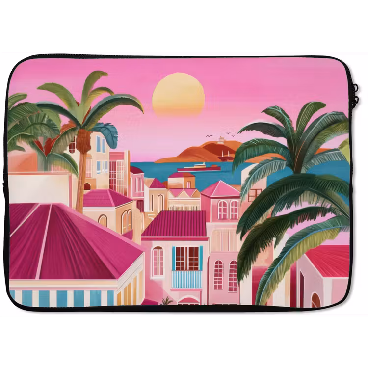Stad - Roze - Palmbomen laptophoes neopreen klein -zkaufland3dotto