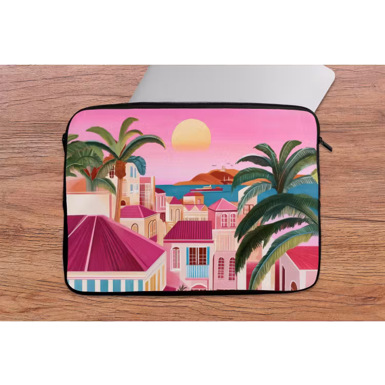 Stad - Roze - Palmbomen laptophoes neopreen klein -tafel