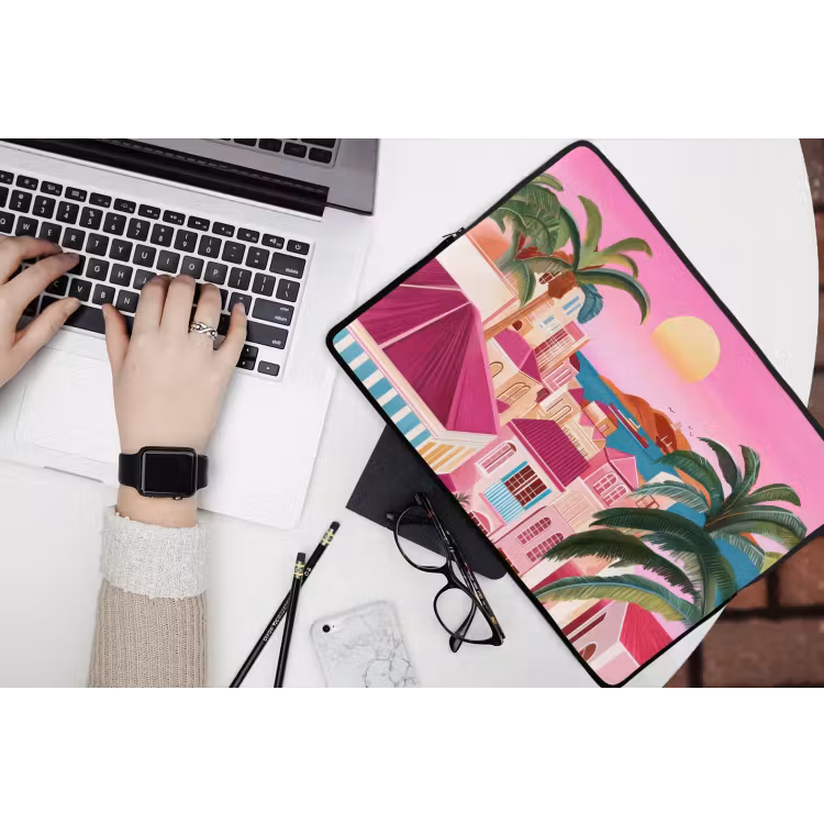 Stad - Roze - Palmbomen laptophoes neopreen klein -bureau