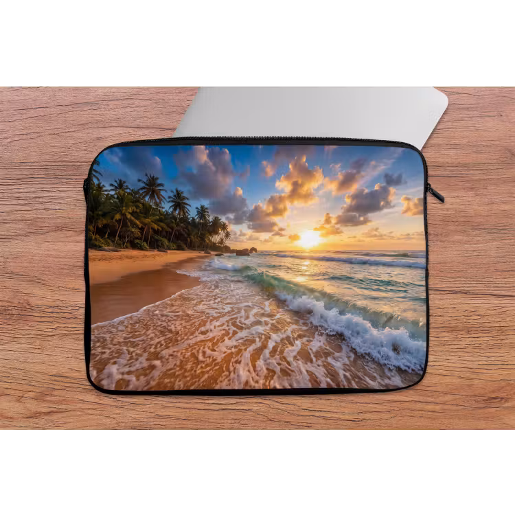 Strand - Zonsondergang - Golven - Natuur - Goud laptophoes neopreen klein -tafel