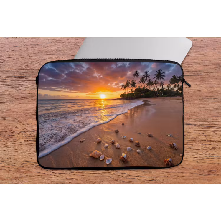 Strand - Zonsondergang - Palmbomen - Natuur - Oranje laptophoes neopreen klein -tafel