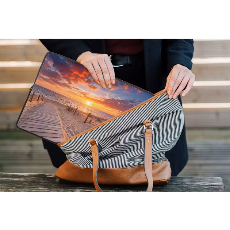Strand - Zonsondergang - Zee - Natuur - Oranje laptophoes neopreen klein -tas
