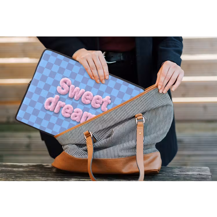 Sweet dreams - Vierkanten - Roze - Blauw laptophoes neopreen klein -tas