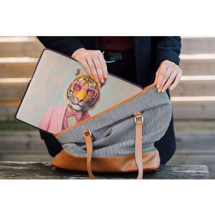 Tijger - Strik - Jasje - Roze laptophoes neopreen klein -tas
