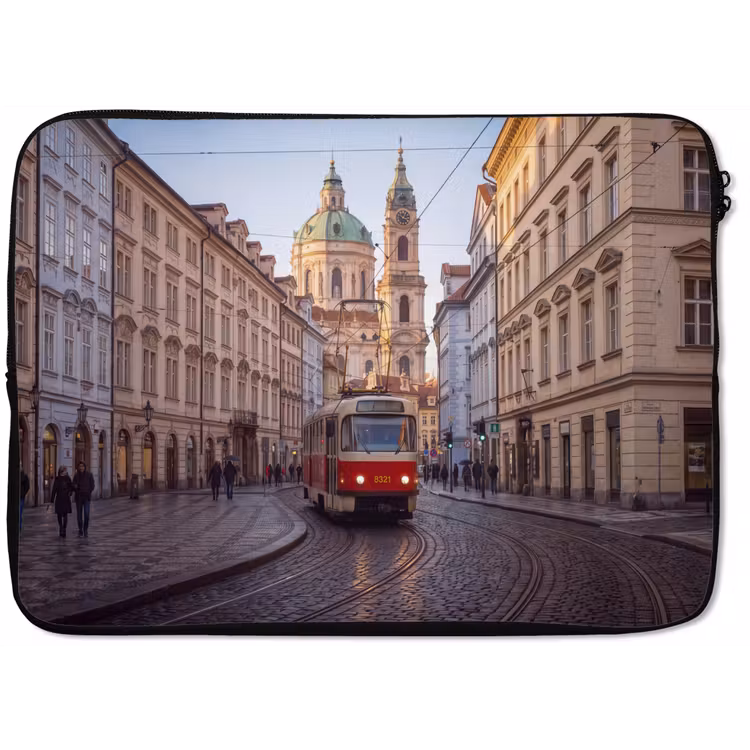 Tram - Straat - Stadsgezicht - Klassiek - Rood laptophoes neopreen klein -zkaufland3dotto