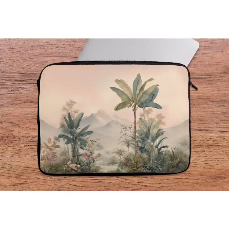 Tropisch landschap - palmbomen - Bloemen - Roze lucht laptophoes neopreen klein -tafel