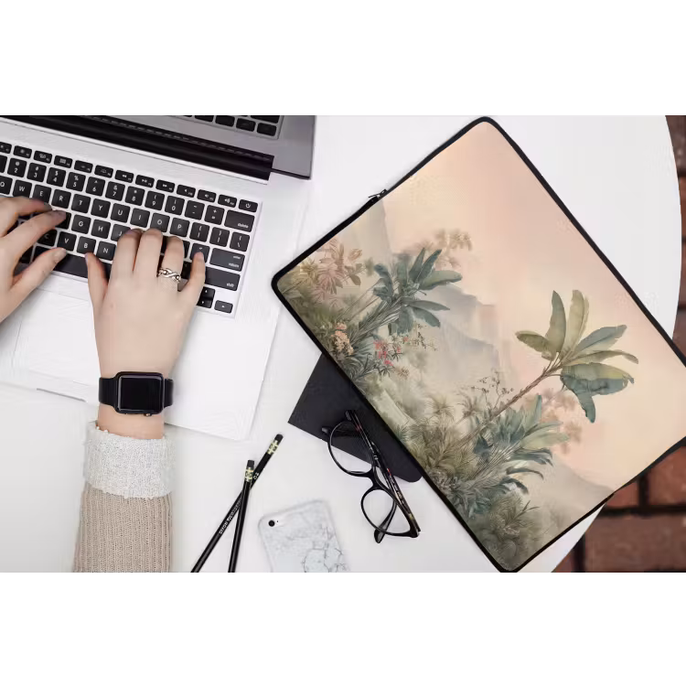 Tropisch landschap - palmbomen - Bloemen - Roze lucht laptophoes neopreen klein -bureau