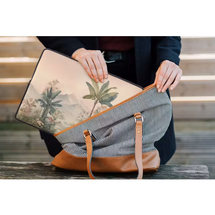 Tropisch landschap - palmbomen - Bloemen - Roze lucht laptophoes neopreen klein -tas