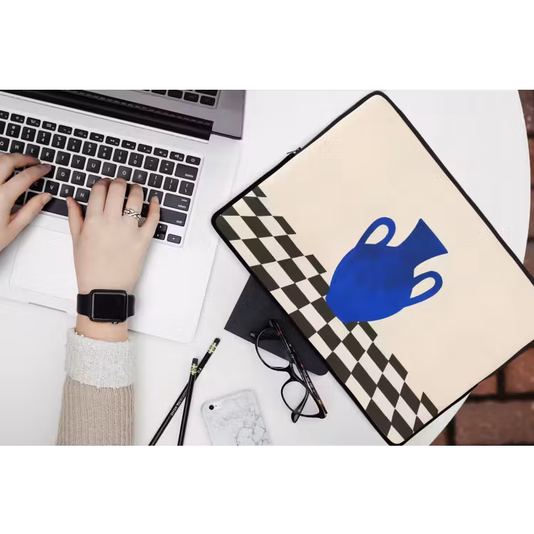 Vaas - Blauw - Geblokt - Modern laptophoes neopreen klein -bureau
