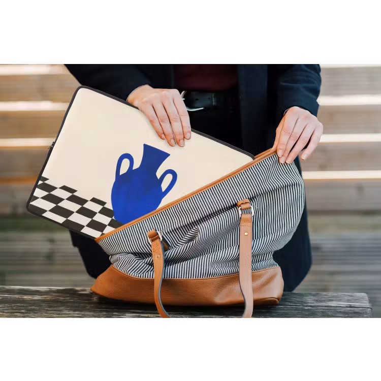 Vaas - Blauw - Geblokt - Modern laptophoes neopreen klein -tas
