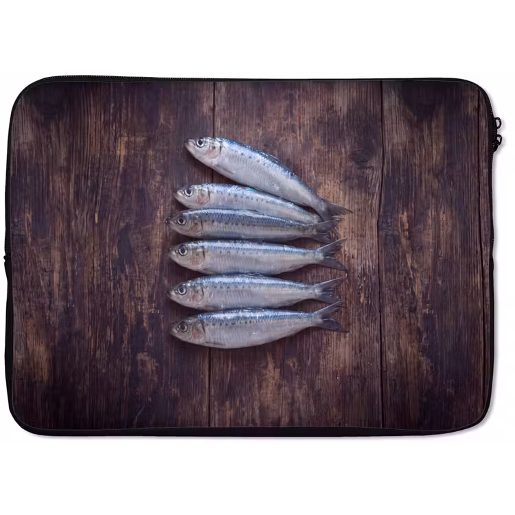 Laptophoes Vis - Hout - Eten - Vis - Hout - Eten laptophoes neopreen klein