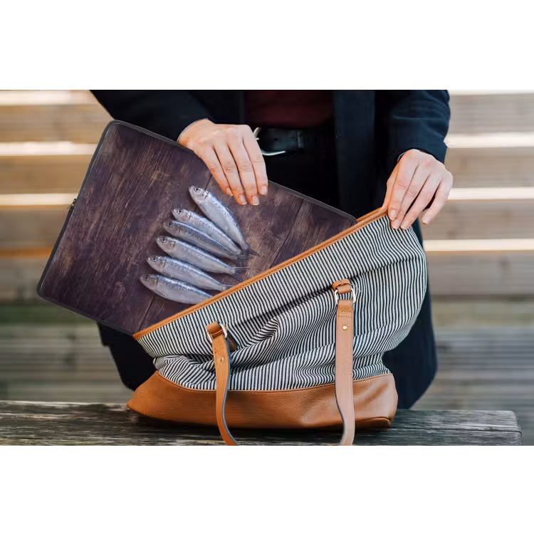 Laptophoes Vis - Hout - Eten - Vis - Hout - Eten laptophoes neopreen klein