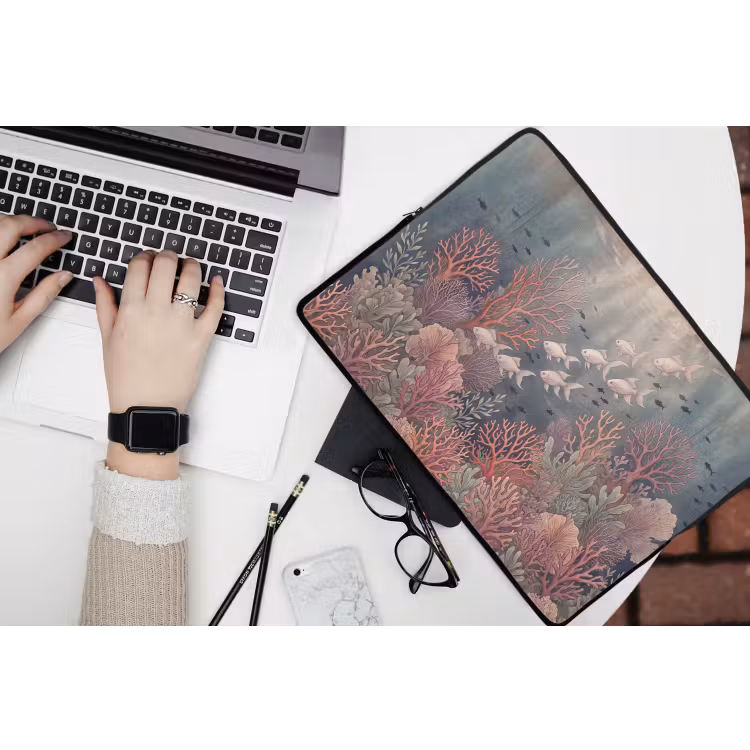 Vis - Koraal - Onderwater - Illustratie - Vintage laptophoes neopreen klein -bureau