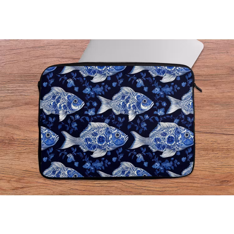Vissen - Bloemen - Blauw laptophoes neopreen klein 279 -tafel