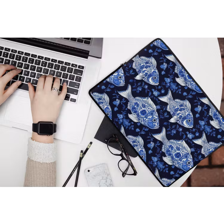 Vissen - Bloemen - Blauw laptophoes neopreen klein 279 -bureau