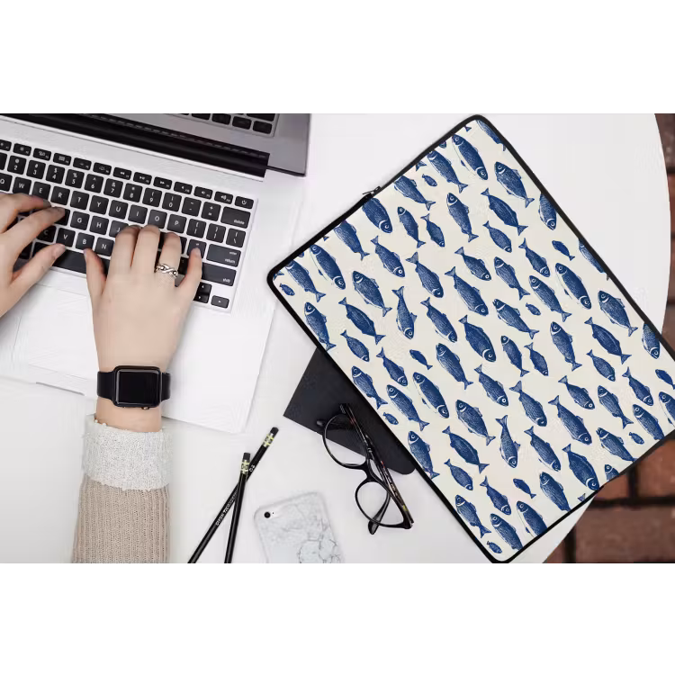 Vissen - Patroon - Blauw - Wit laptophoes neopreen klein 279 -bureau